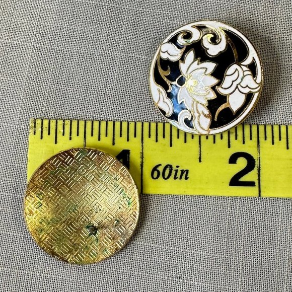 Vintage Cloisonne White, Black, and Gold Lotus Round Earrings - Picture 9 of 9